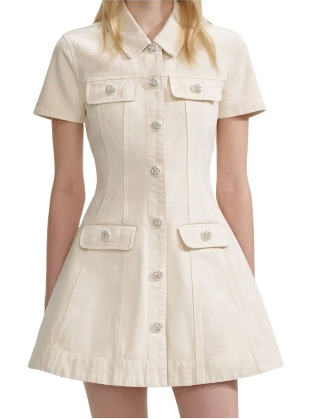 Self-Portrait Cream Short Button-Front Fit-and-Flare Dress